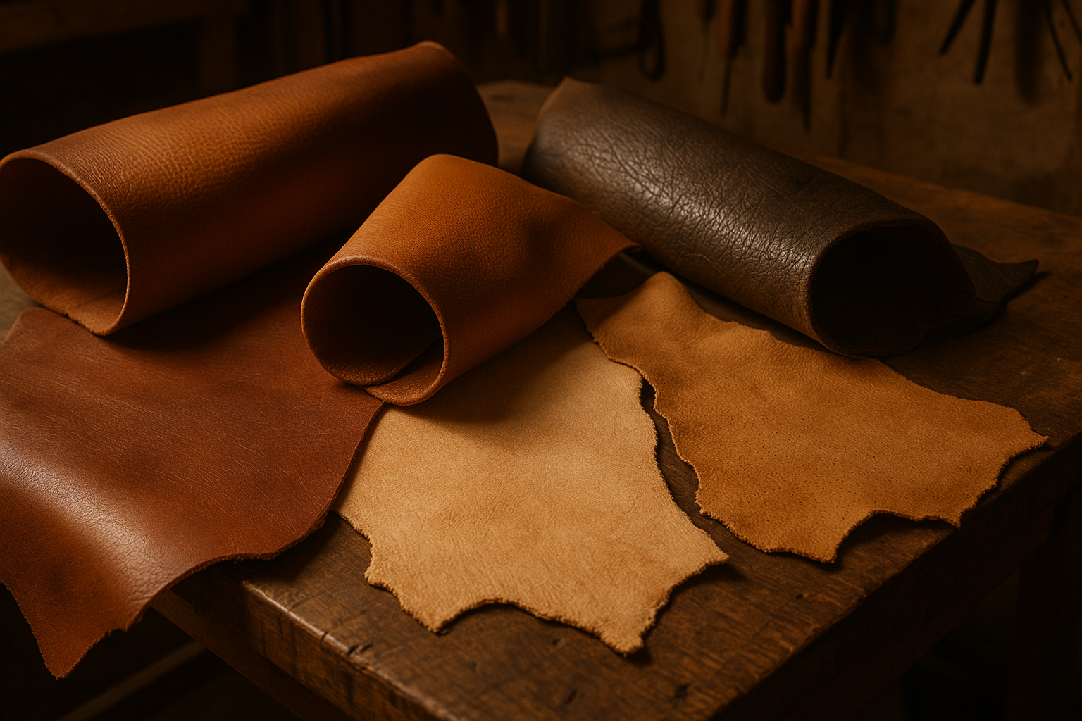 Tipos de piel usados en marroquinería sobre mesa de trabajo artesanal, incluyendo cuero de vacuno, cabra, oveja, cerdo y búfalo