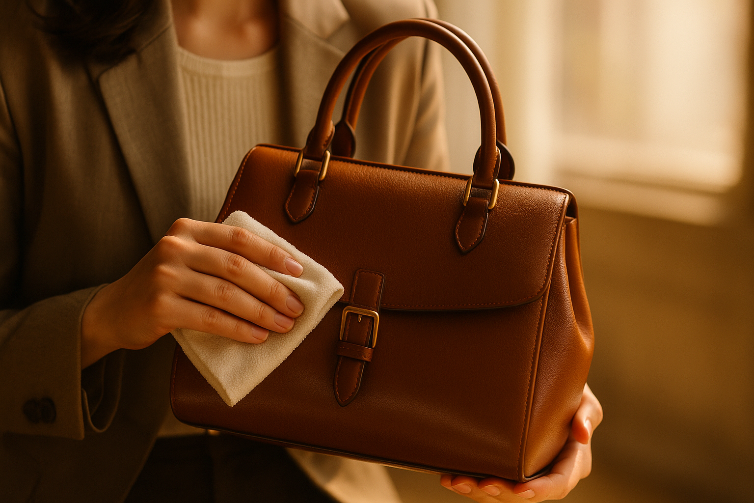 Mujer limpiando un bolso de piel con un paño suave en un ambiente luminoso, destacando el cuidado y mantenimiento de un bolso de cuero de alta calidad.