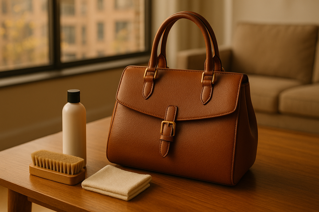 Bolso de piel sobre mesa de madera con productos de limpieza organizados, ilustrando una rutina de cuidado para conservar bolsos de cuero en perfecto estado.
