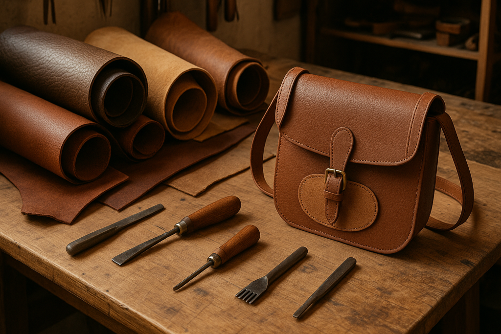 Taller de marroquinería con herramientas, pieles y bolso en fabricación ilustrando los tipos de piel usados en marroquinería